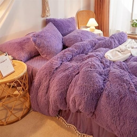 Fluffy Comforter Cover Queen Set，Faux Fur Purple Bedding Sets Queen OR King  3 P - Picture 5 of 7